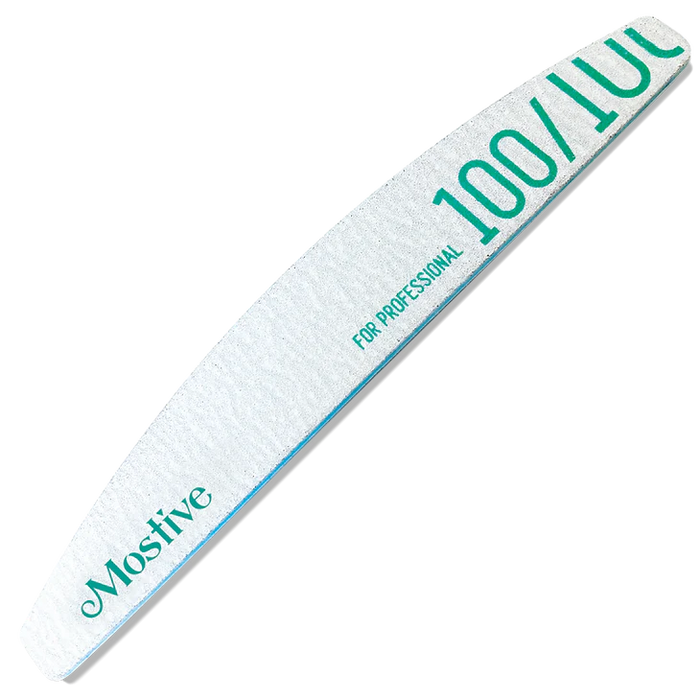 Professional-grade nail file featuring a curved white surface with green text. The file displays '100/100' grit rating and 'Mostive' branding, indicating its use for precision nail shaping and buffing. Its sleek design suggests durability and effectiveness for manicure and pedicure treatments.