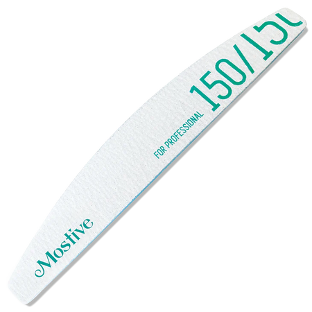 Professional-grade white nail file with teal Mostive branding and '150' grit indication, designed for precision nail shaping and smoothing. Curved shape for ergonomic handling and efficient filing. Durable construction suitable for salon or home use.