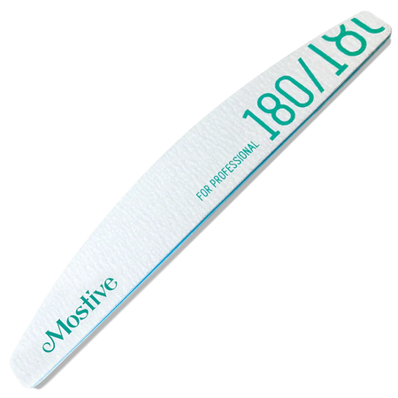 Professional-grade Mostive 180 grit nail file in white with teal text. Curved, tapered shape for precise filing. Durable, high-quality design for effective nail shaping and smoothing. Ideal for professional and at-home manicures and pedicures. Long-lasting, versatile tool for achieving salon-quality results.