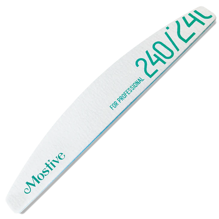 Professional-grade Mostive nail file with 240 grit, featuring a sleek white design with teal lettering. The elongated, curved shape is ideal for precise nail shaping and smoothing. Perfect for manicure enthusiasts and salon professionals seeking high-quality tools for optimal nail care results.