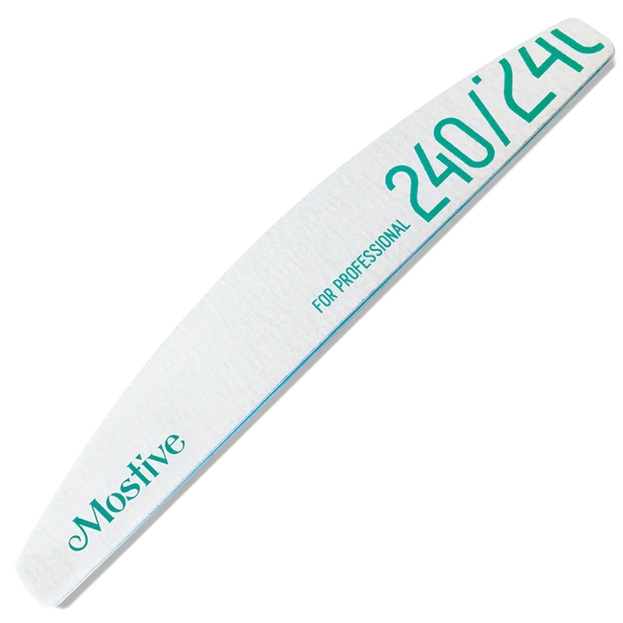 Professional-grade Mostive nail file with 240 grit, featuring a sleek white design with teal lettering. The elongated, curved shape is ideal for precise nail shaping and smoothing. Perfect for manicure enthusiasts and salon professionals seeking high-quality tools for optimal nail care results.