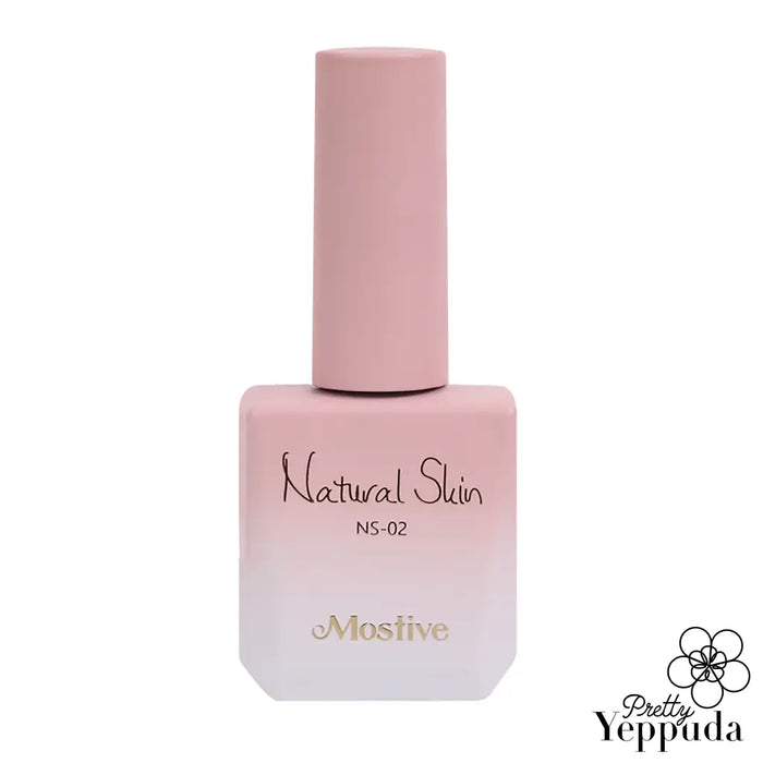 A close-up image of a pink gel nail polish bottle from the Mostive Natural Skin Collection (NS01-NS06). The bottle has a simple, minimalist design with the brand name "Mostive" and the product name "Natural Skin NS-02" printed on the label. The gel polish is described as a syrup-like color that creates a soft, natural look when applied, ideal for gradients or a subtle, milky appearance.