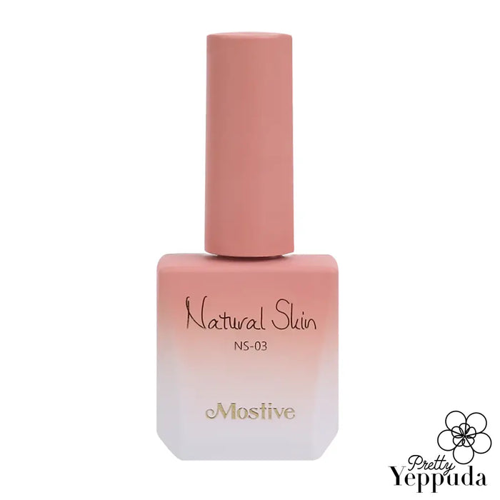 A soft and delicate milky gel polish in a syrup-like color, designed to mimic the natural look of an ink droplet fallen into milk. This Mostive Natural Skin Collection (NS01-NS06) product offers a perfect gradation effect and a natural aesthetic, with instructions to cure for 60 seconds. Available in set and single gels, ensuring a customizable experience for the user.