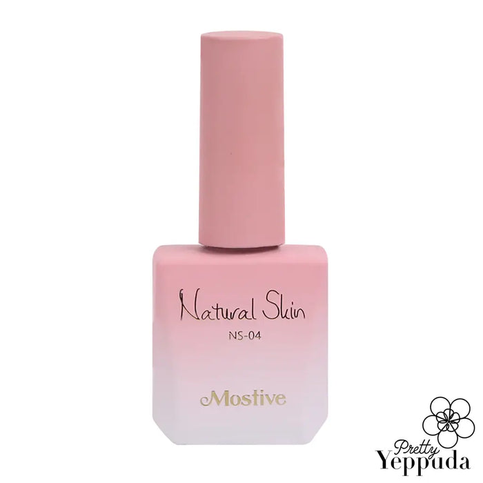 The image shows a bottle of Mostive Natural Skin Collection (NS01-NS06) nail polish in a syrup color. The bottle has a soft, milky gel-like appearance, resembling an ink droplet fallen into milk. The product is designed to provide a natural look and gradation effect when applied to the nails. The alt text for this image could be: "A bottle of Mostive Natural Skin Collection nail polish in a soft, milky gel-like formula that replicates the look of