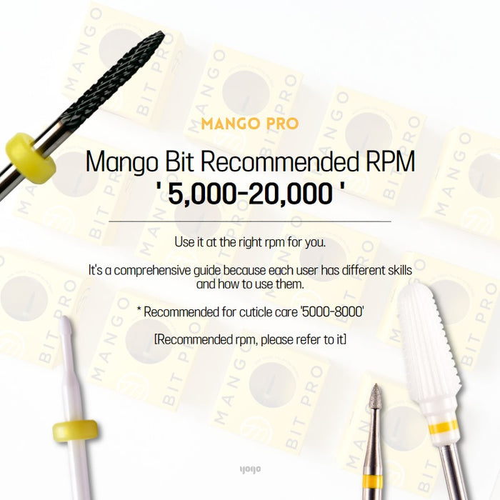 Detailed description of a versatile nail care tool designed for smooth gel removal, suitable for both right-handed and left-handed users, catering to beginners, hobbyists, and professionals. The Mango Bit is recommended for use at an RPM range of 5,000-20,000 for optimal performance, especially in cuticle care. The product is part of the YOGO Mango Pro brand.