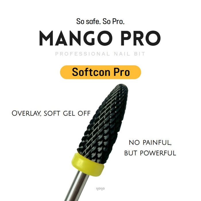 The Softcon Pro, a versatile professional nail bit designed for smooth gel removal without discomfort from vibrations or overheating. Suitable for both right-handed and left-handed users, catering to beginners, hobbyists, and professionals with a recommended RPM range of 5000-20,000 for optimal performance.