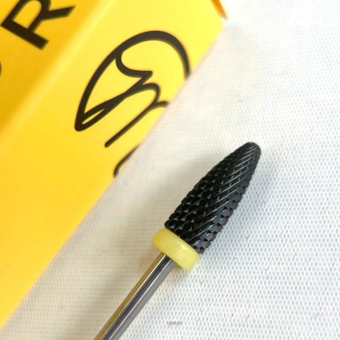 A close-up image of a black and yellow professional nail file tool, specifically the YOGO Mango Bit [Softcon Pro Bit] product, designed for smooth gel removal without discomfort from vibrations or overheating. The tool is suitable for both right-handed and left-handed users, catering to beginners, hobbyists, and professionals with a recommended RPM range of 5000-20,000 for optimal performance.