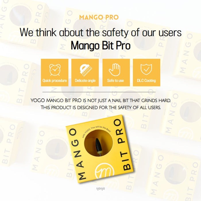 Versatile YOGO Mango Bit Pro designed for smooth gel removal, suitable for beginners, hobbyists, and professionals, with recommended RPM range of 5000-20,000, and advised use with an ultrasonic cleaner or dedicated brush for optimal performance and maintenance.