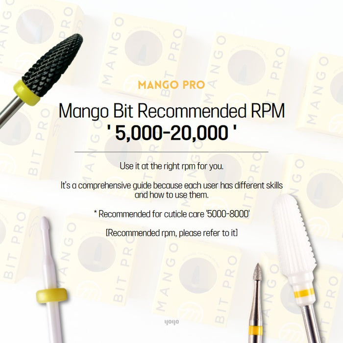 Versatile Mango Bit tool designed for smooth gel removal, suitable for right and left-handed users, recommended RPM range of 5000-20,000 for optimal performance, appropriate for cuticle care and soft gel removal, best used with an ultrasonic cleaner or dedicated brush for effective cleaning.