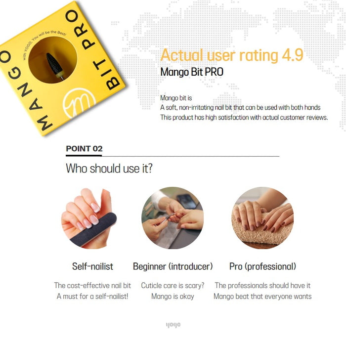 The image shows a versatile, high-quality YOGO Mango Bit [Softcon Pro Bit] tool designed for smooth gel removal. The bit is suitable for both right-handed and left-handed users, catering to beginners, hobbyists, and professionals. The recommended RPM range for optimal performance is 5000-20,000, and the product can be used for the removal of Gel Polish and soft gel. For best results and maintenance, it's advisable to use the product with an ultra