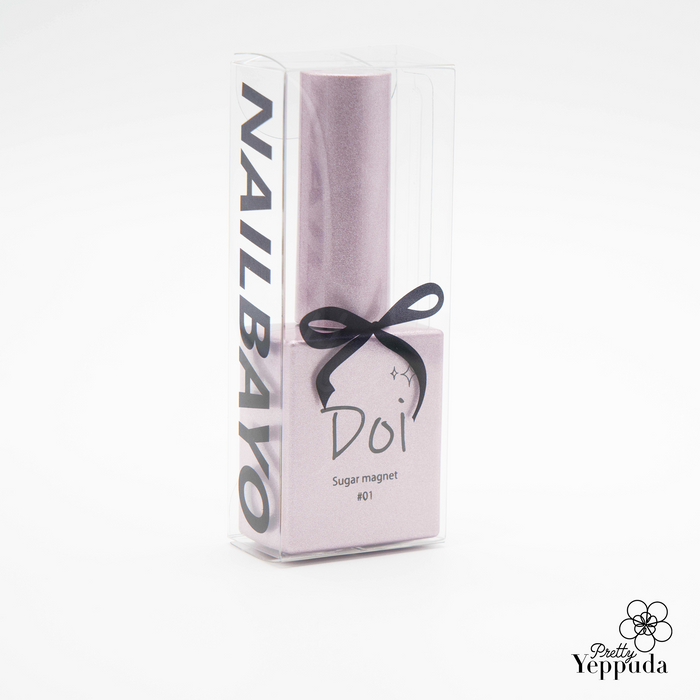 Elegant Nailbayo DOI Sugar Magnet Gel bottle in soft pink packaging with black ribbon, featuring stylish branding and clear product name. Korean nail art innovation for creating mesmerizing magnetic effects, part of a 6-piece collection designed by renowned artist.