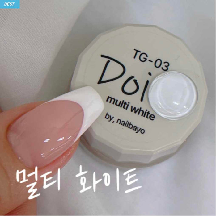 Elaborative alt text: This image showcases the Nailbayo Doi Tong Gel #3, a premium Korean nail art product renowned for its mesmerizing glitter-infused formula. The jar prominently displays the product name "Doi" and the brand "Nailbayo," highlighting its association with the famous Korean nail artist. The image emphasizes the multi-white hue of the gel, providing a glimpse of its versatility and high-quality composition. This visually striking p