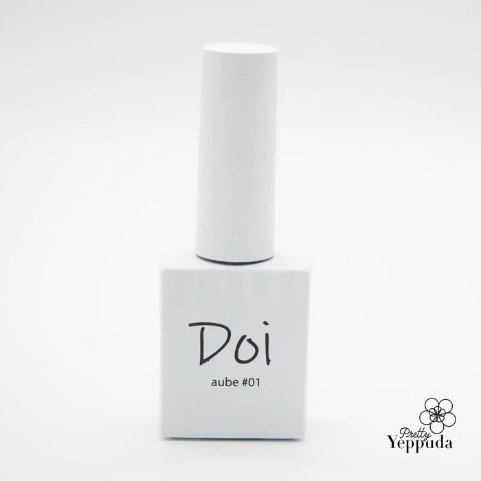 A single bottle of NAILBAYO DOI Aube #01 gel polish, displayed against a white background with the Pretty Yeppuda logo in the corner. The minimalist design of the bottle reflects the simplicity and elegance of the Aube #01 shade.