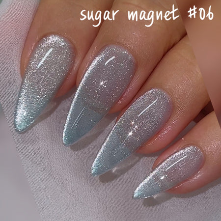 Sugar magnet gel collection featuring sparkling silver and iridescent nails, showcasing the versatility and high-quality of the NAILBAYO DOI brand.