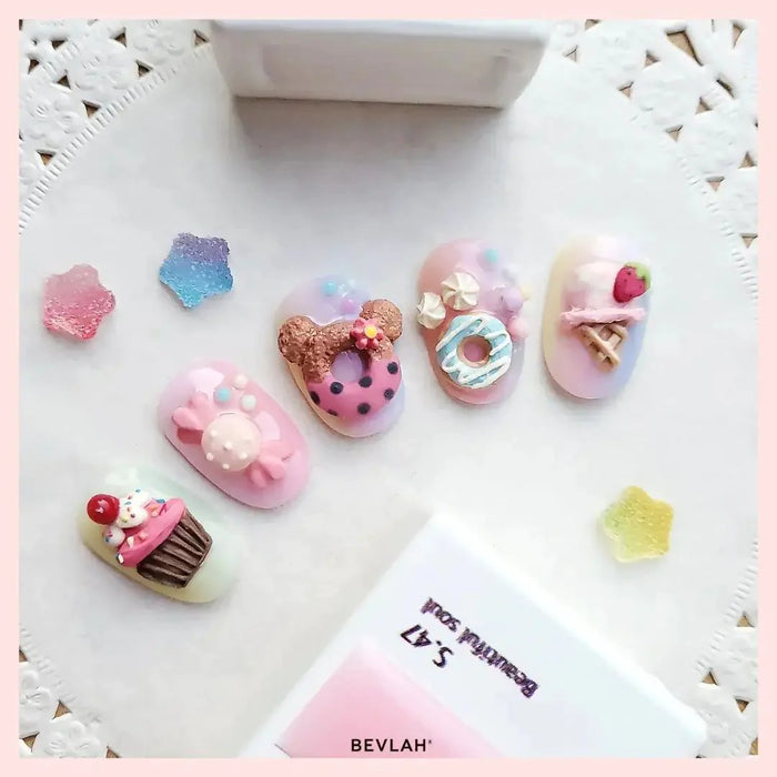 Vibrant, whimsical 3D nail art embellishments in the Bevlah Mulgam Gel Series, featuring an array of playful designs including heart-shaped, sprinkled, and iridescent textured elements - a creative palette for nail enthusiasts to explore.