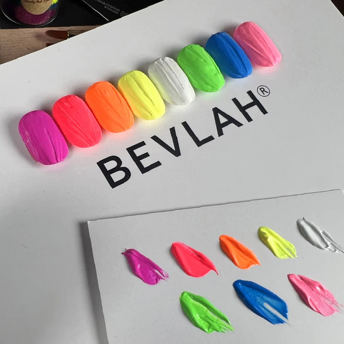 Vibrant, textured 3D nail art gels in a spectrum of neon colors, highlighting Bevlah's innovative Mulgam Gel Series 2 for creative nail designs.