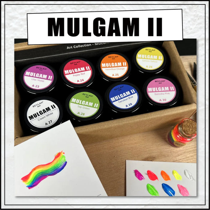 The image shows the Bevlah Mulgam Gel Series 2 product, which features a vibrant collection of 3D textured painting gels in neon colors inspired by the richness of oil paints. These gels are designed for nail artists to create standout nail art with bold, handpainted 3D textures. The image showcases the collection's variety of vividly colored gels, highlighting Bevlah's commitment to providing innovative, health-conscious, and ethical nail art so