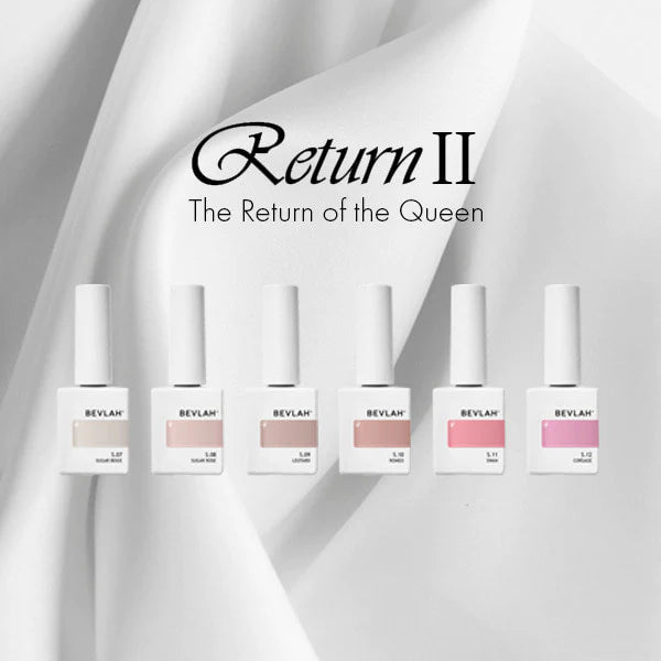 A collection of elegant and refined natural pink syrup gel nail polish bottles, designed with a focus on ethical, health-conscious beauty solutions and presented in the Bevlah Return II - The Return of the Queen series.