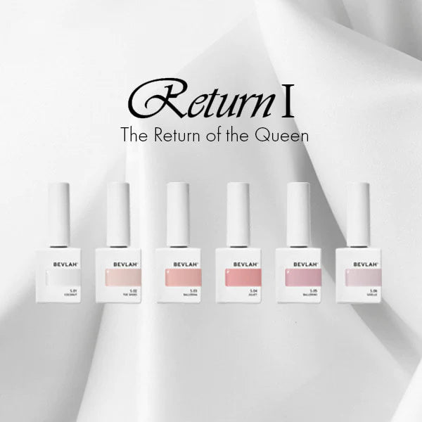 Natural pink syrup gel nail polish collection from Bevlah's Return of the Queen I Series, showcasing an elegant, sophisticated look with a 13-free, vegan, and HEMA-free formula optimized for LED curing.