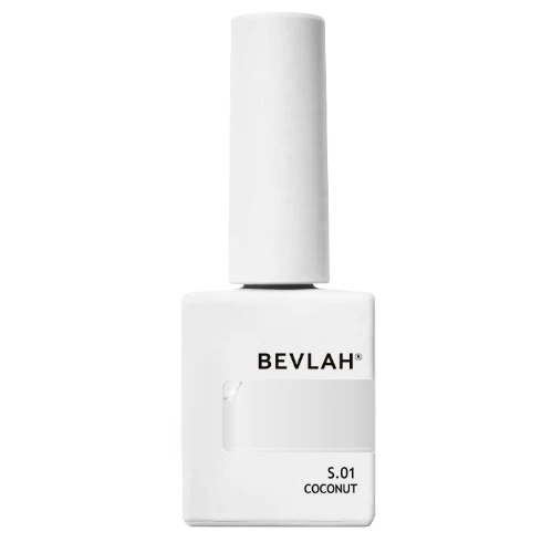 Elegant white bottle of Bevlah nail gel polish in shade S.01 Coconut, part of the Return of the Queen I Series. Features natural pink syrup gel formula, HEMA-free, LED-curable, and vegan-certified for sophisticated, ethical nail artistry.