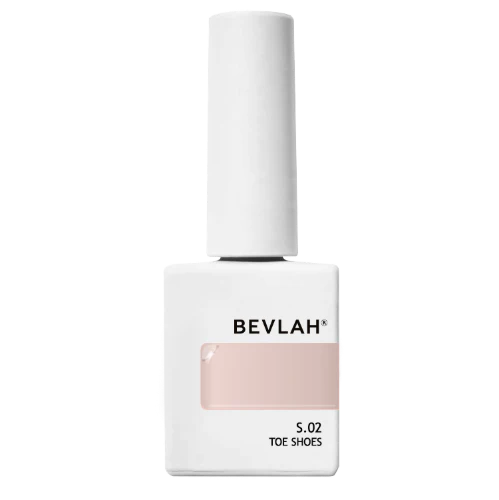 Elegant white bottle of Bevlah natural pink syrup gel nail polish, labeled S.02 TOE SHOES, showcasing the Return of the Queen I Series. The sleek design features a soft pink color swatch, embodying sophistication and vegan-friendly, HEMA-free nail care excellence.