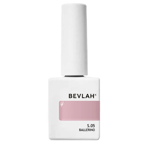 Bevlah natural pink syrup gel nail polish bottle, labeled S.05 Ballerino, showcasing elegant soft pink color for subtle and sophisticated nail art, part of the Return of the Queen I Series collection, emphasizing vegan and health-conscious formula