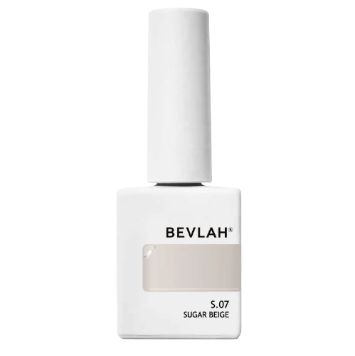 Bevlah Return II gel nail polish bottle in Sugar Beige shade, showcasing the brand's elegant white packaging design with clear product visibility, highlighting the natural pink syrup gel collection's subtle and sophisticated aesthetic