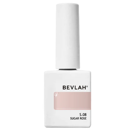 Bevlah Return II nail polish bottle in Sugar Rose shade, featuring a white cylindrical cap and square base with a soft pink color swatch, showcasing the brand's elegant and minimalist design for their natural pink syrup gel collection