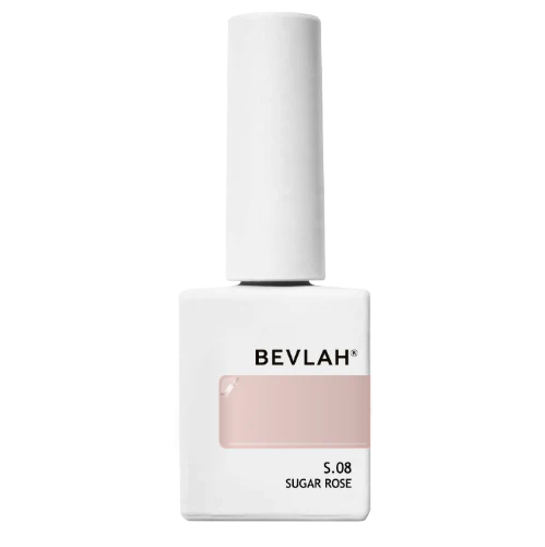 Bevlah Return II nail polish bottle in Sugar Rose shade, featuring a white cylindrical cap and square base with a soft pink color swatch, showcasing the brand's elegant and minimalist design for their natural pink syrup gel collection