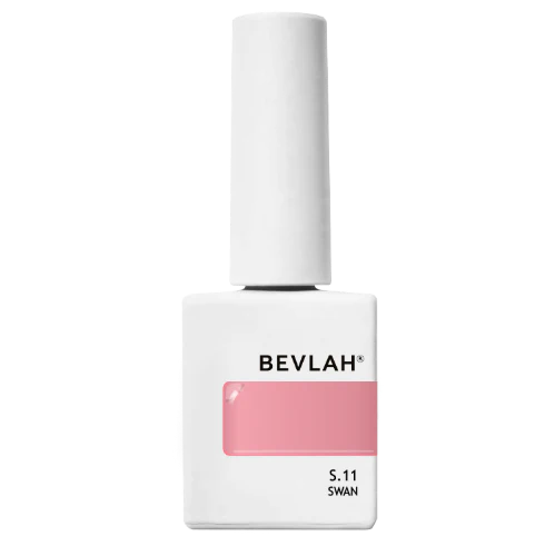 Bevlah Return II nail polish bottle showcasing a delicate pink shade named 'Swan S.11', part of the natural pink syrup gel collection. The elegant white bottle features the Bevlah logo and a transparent window revealing the soft, sophisticated color inside, embodying subtle elegance and ethical beauty standards.