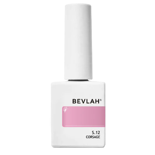 Elegant white bottle of Bevlah's Return II natural pink syrup gel nail polish, showcasing the subtle 'Corsage' shade S.12, part of the Return of the Queen collection. HEMA-free, LED-curable, and vegan-certified for ethical, sophisticated nail care.