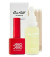 Product image of the Jello Jello One Kill Gel Remover and Peel Off Base Gel Set, featuring a red bottle of peel-off base gel, a clear bottle of gel remover with a dropper, five wooden cuticle sticks, and the product packaging. The set is designed for easy removal of gel nail polish.