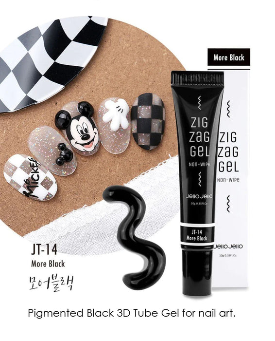 Detailed alt text for the image of the JELLO JELLO Zig Zag Gel JT-14 More Black product: A black and white checkered pattern surrounds a tube of black 3D tube gel for nail art, along with various nail art designs featuring the gel, including a playful Mickey Mouse-inspired nail with a black and white checkered pattern. The product details showcase the curing requirements, volume, and benefits of the gel for creating smooth and durable nail art an