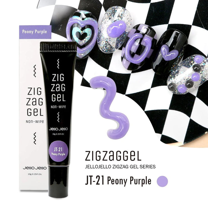 Zigzag gel tube in peony purple color for Shopify product, showcasing vibrant nail art and enhancement designs with precise 60-second curing under UV/LED lamp for a smooth, durable finish. Jello Jello brand keywords.