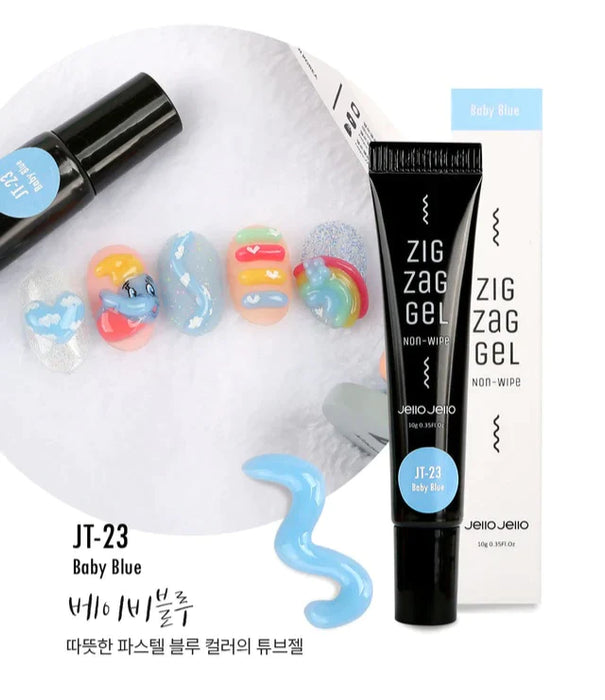 Detailed image of a Shopify product titled "JELLO JELLO Zig Zag Gel JT-23 Baby Blue". The image showcases the tube gel product in a baby blue color, along with nail art designs featuring whimsical and colorful patterns. The product description outlines the application process and specifications, providing instructions for achieving a smooth and durable nail finish using the Zig Zag Gel.