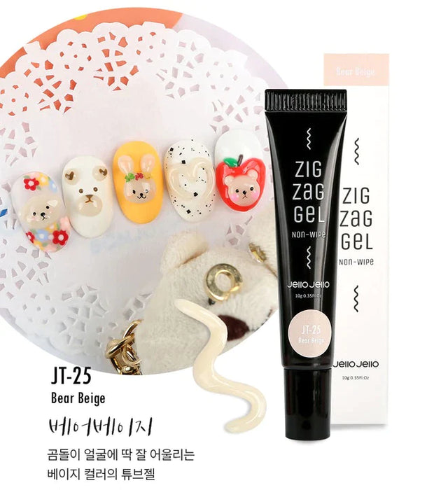 Colorful nail art and tube gel in beige bear design, showcasing a variety of creative nail designs and enhancements using the Zig Zag Gel JT-25 Bear Beige product from the Shopify brand.