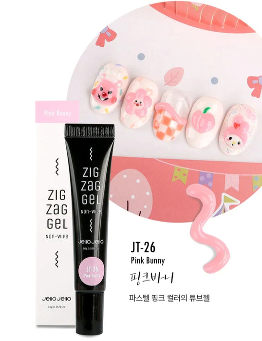 Decorative image of a Shopify product titled "JELLO JELLO Zig Zag Gel JT-26 Pink Bunny", featuring a pink gel tube and beautifully designed nail art that includes a pink bunny motif. The product description highlights the easy application and curing process, ensuring a smooth and durable finish for nail art or enhancements. Key brand keywords like Shopify, JT-26, and Pink Bunny are prominently featured.