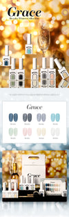 Elegant winter-inspired nail polish set featuring a range of sophisticated shades from the Revelry Grace Collection, including cool blues, delicate pinks, and soft neutrals to capture the serene beauty of the season.