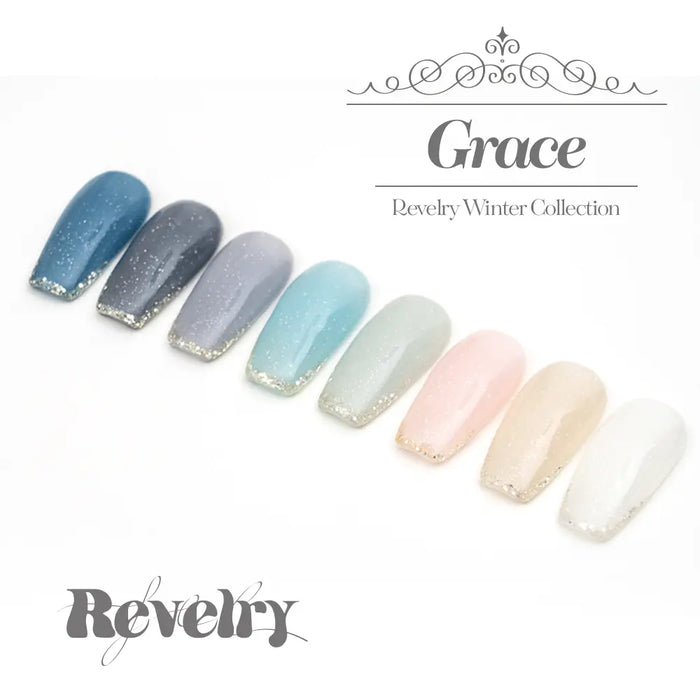 Elegant gel nail colors in soft, winter-inspired hues from the Revelry Grace Collection, featuring a range of sophisticated shades from icy blues to delicate pinks.