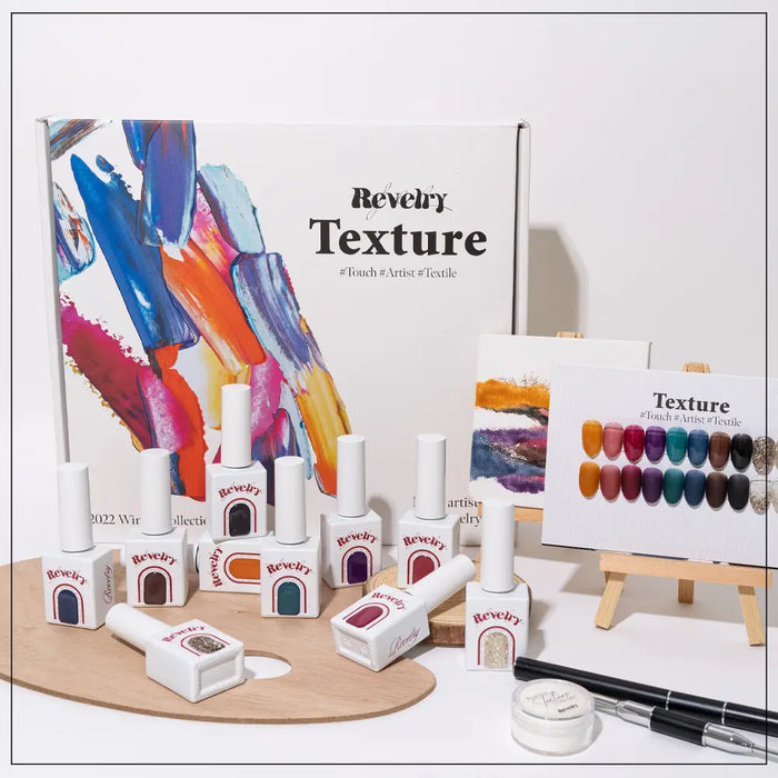 REVELRY Texture Collection 10pcs/set - A vibrant and eclectic palette of gel nail shades inspired by the tactile beauty of fabrics and paint, offering a range of creative possibilities for artistic expression and bold, seasonal nail looks.