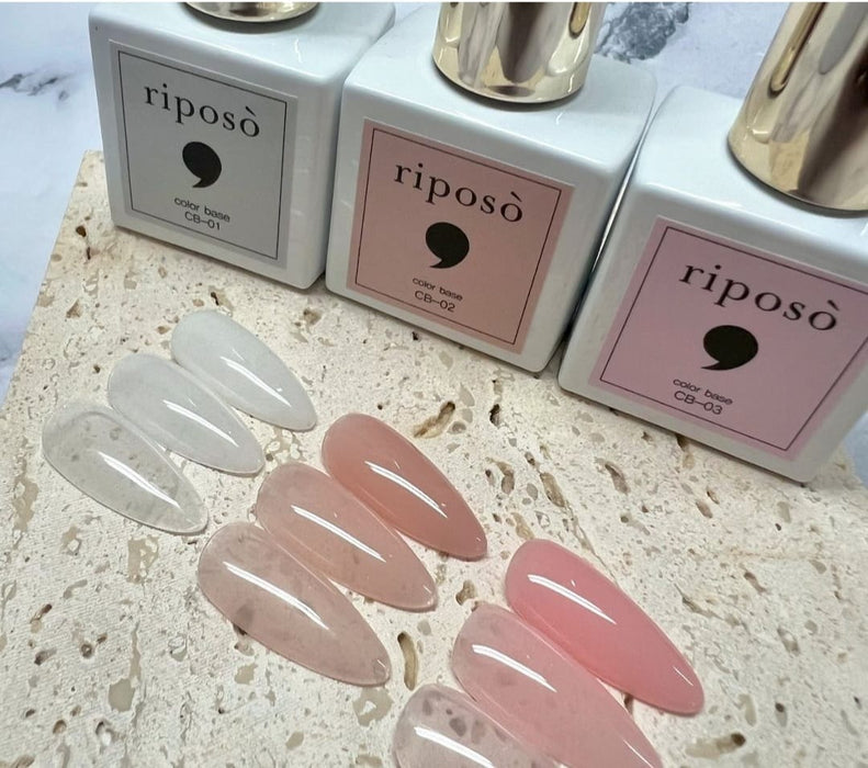 A close-up image of various pink and white nail polish bottles and swatches, displaying the Riposo brand name prominently. The image showcases the product's color range and potential applications such as gradation and french nail designs. The products appear to be high-quality, gel-based nail care items that can help streamline the nail set process.