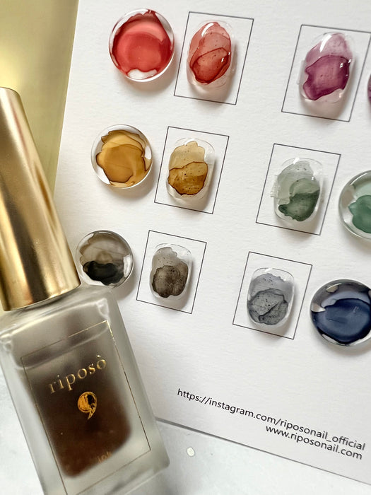 Assortment of vibrant and muted ink colors, including glitter-infused shades, showcasing the variety and richness of the RIPOSO Mute Ink Collection. The images highlight the diverse hues and textures of the inks, inviting exploration and showcasing the brand's commitment to high-quality, long-lasting products.