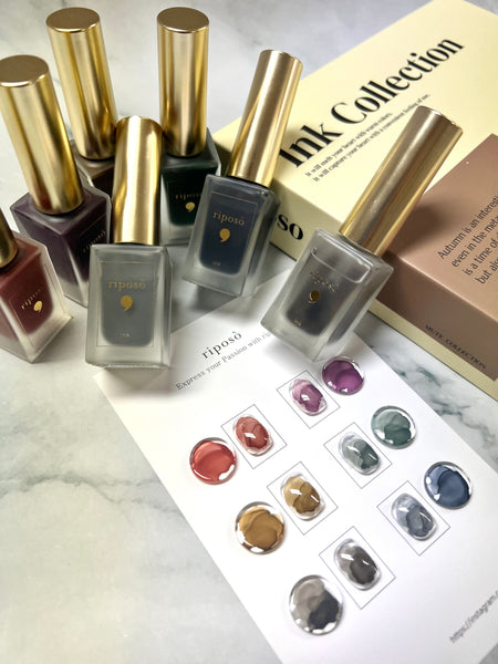 Detailed, high-quality image showcasing the RIPOSO Mute Ink Collection 6-piece set, featuring an assortment of ink bottles in various colors and shapes, along with a color swatch display. This comprehensive product image highlights the diverse range of ink shades and the premium, sleek design of the Riposo brand, providing valuable information for potential Shopify customers.