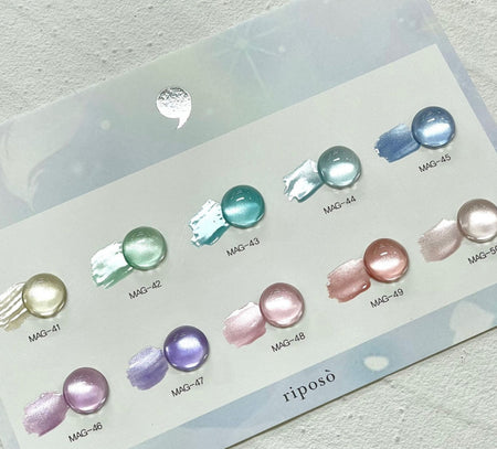 Assorted colorful jellybean-shaped gel nail polish bottles arranged neatly on a clear plastic display, showcasing the RIPOSO Pulling Jellybean Collection in 10 different shades.