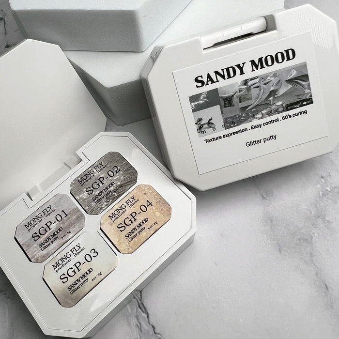 This image showcases the "SANDY MOOD" Putty Gel product from the Shopify brand. The product appears to come in two different types, as indicated by the varying labels on the packaging. The gel is described as being perfect for creating ripple designs, with excellent adhesion and the ability to be used with powders even after wiping off the tacky layer. It is also suitable for securing nail charms and performing tip extensions, making it a versati