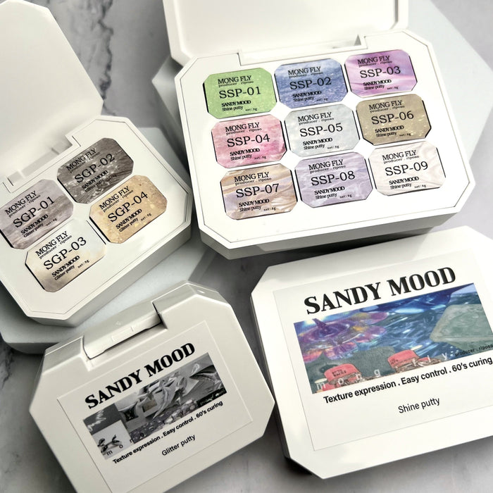 Variously colored, sculpted and textured putty gels for creating unique nail art designs, including a "RIPOSO Sandy Mood Putty Gel" product by the Shopify brand.