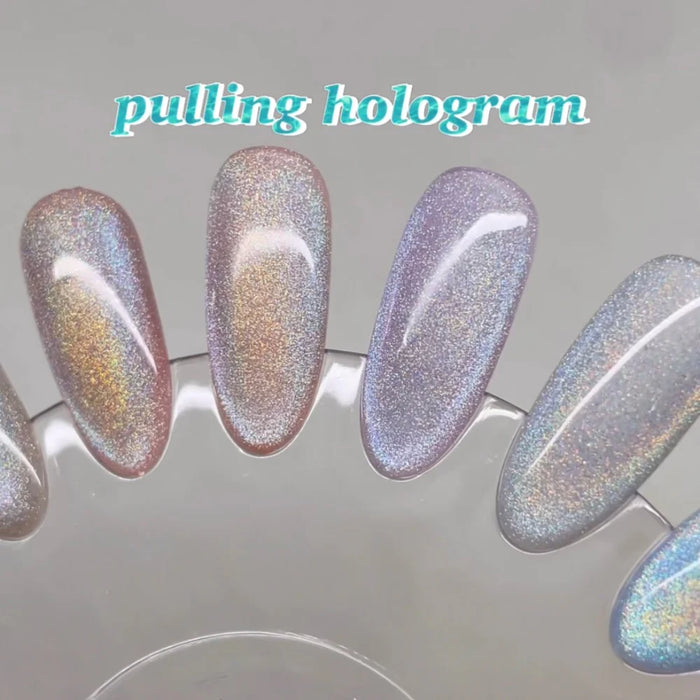 Holographic magnetic gel in a variety of shimmering, iridescent shades, showcasing the innovative "pulling hologram" technology from the RIPOSO brand. The unique formula allows for the creation of captivating holographic effects, perfect for adding a touch of mystique and allure to any manicure.