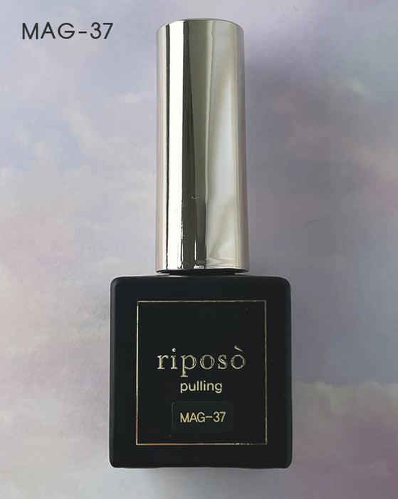 A transparent, layered nail polish bottle from the "RIPOSO Pulling Layered Collection" with the product code "MAG-37" displayed on the label, showcasing the versatility and creativity of the RIPOSO brand's nail care products.