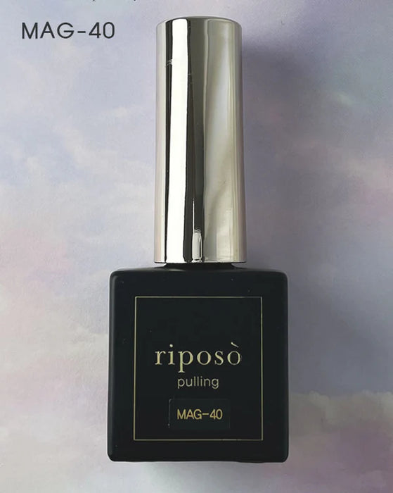 A bottle of RIPOSO Pulling Layered Collection 5pcs/set non-wipe magnet gel, featuring a transparent color that allows for layering and mixing with powders to create various moods and feelings. The image displays the MAG-40 shade from the collection, which can be used to achieve a magical and mystical vibe when combined with the included hologram gel and heart charm.