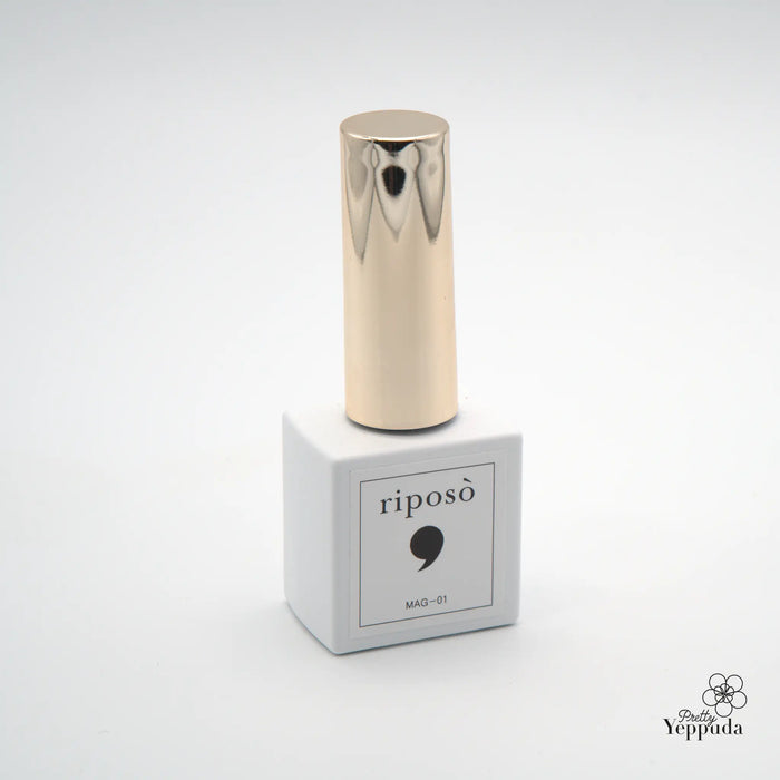 A silver and white nail polish bottle with an iridescent finish, showcasing the unique RIPOSO Pulling Summer gel polish collection that offers a vibrant and eye-catching look with just one coat, perfect for creating stunning ice nails.